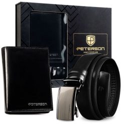 Zestaw prezentowy: skórzany portfel męski w czarnym kolorze z systemem RFID i pasek ze skóry naturalnej - Peterson. Czarne portfele męskie bez wzorów, ze skóry. Za 119.99 zł.
