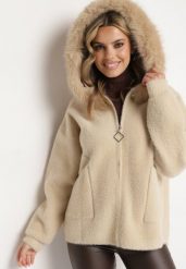 Beżowa Bluza z Wełną Kapturem i Kieszeniami Zdobiona Futrem Yasiti. Brązowe bluzy damskie Born2be, l, z aplikacjami, z jeansu, eleganckie, bez ramiączek, z kapturem. Za 219.99 zł.
