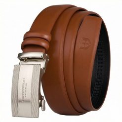 Skórzany pasek męski w jasnobrązowym kolorze z automatyczną, srebrną klamrą Peterson PTN A007-AB TAN. Brązowe paski męskie Peterson, ze skóry, eleganckie. Za 59.99 zł.