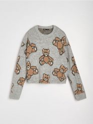 Wzorzysty sweter w misie - szary. Szare swetry nierozpinane damskie Sinsay, l, bez wzorów, bez kołnierzyka, bez ramiączek. Za 59.99 zł.