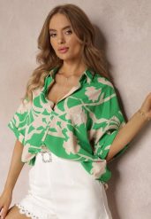 Zielona Kwiecista Bluzka z Krótkimi Rękawami Andresa. Zielone bluzki damskie Renee, xl, bez wzorów, bez kołnierzyka, bez ramiączek. Za 44.99 zł.