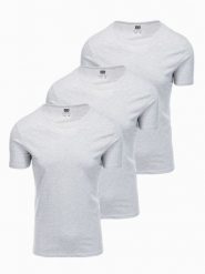 Zestaw koszulek bawełnianych BASIC 3-pak - szary melanż V16. Szare t-shirty męskie Ombre Clothing, m, bez wzorów, z bawełny, bez kołnierzyka, bez ramiączek. W wyprzedaży za 82.49 zł.