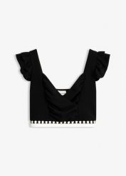 Krótki top. Czarne topy damskie bonprix, bez wzorów, eleganckie, bez kołnierzyka, bez ramiączek. Za 44.99 zł.