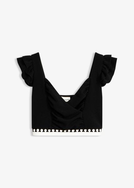 Krótki top. Czarne topy damskie bonprix, bez wzorów, eleganckie, bez kołnierzyka, bez ramiączek. Za 37.99 zł.