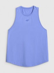 4F Top treningowy szybkoschnący damski - niebieski XS. Niebieskie topy damskie 4F, xs, bez wzorów, z materiału, klasyczne, bez kołnierzyka, bez ramiączek. Za 79.99 zł.