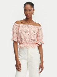 Guess Bluzka W6GP47 K3336 Koralowy Regular Fit. Pomarańczowe bluzki damskie Guess, l, z aplikacjami, z bawełny, bez kołnierzyka, bez ramiączek. Za 294.99 zł.