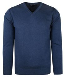 Elegancki Męski Sweter Polskiej Marki Rigon – V-neck (serek) - Niebieski. Niebieskie swetry męskie Rigon, m, bez wzorów, z bawełny, biznesowe, bez kołnierzyka, bez ramiączek. Za 145.00 zł.