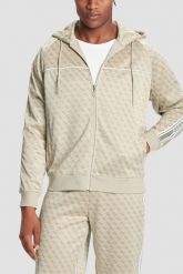 GUESS Zielona rozpinana męska bluza w monogram z lampasami i kapturem Parimo 4G, Rozmiar L. Zielone bluzy męskie Guess, l, z aplikacjami, eleganckie, bez ramiączek. W wyprzedaży za 329.99 zł.