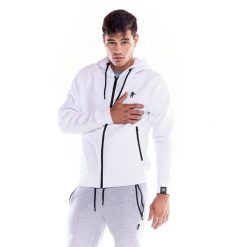 Męska, miękka bluza z kapturem i zamkiem błyskawicznym z ikoną lwa. Białe bluzy męskie LEONE 1947 APPAREL, l, bez wzorów, z tkaniny, sportowe, bez ramiączek, z kapturem. W wyprzedaży za 195.65 zł.