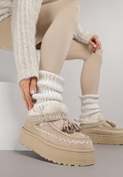 Beżowe Śniegowce na Platformie Ozdobione Haftem i Frędzlami Linomis. Brązowe śniegowce damskie Renee, z jeansu, bez zapięcia. Za 119.99 zł.