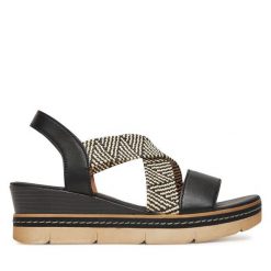 Sandały Remonte. Czarne sandały damskie Remonte, bez wzorów, bez obcasa, na koturnie, bez zapięcia. Za 349.99 zł.