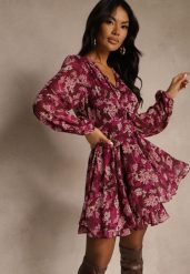 Bordowa Sukienka w Kwiatki o Rozkloszowanym Kroju z Bufiastymi Rękawami Zennea. Czerwone sukienki damskie Renee, do pracy, l, bez wzorów, z poliesteru, biznesowe, bez kołnierzyka, bez ramiączek, mini, proste. Za 149.99 zł.
