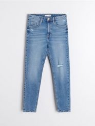 Jeansy z przetarciami Skinny fit - granatowy. Niebieskie jeansy damskie Sinsay, bez wzorów, z jeansu. W wyprzedaży za 49.99 zł.