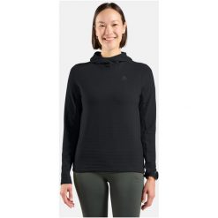 Bluza z kapturem Odlo Mid layer hoody ESSENTIAL THERMAL. Czarne bluzy damskie ODLO, bez wzorów, bez ramiączek, z kapturem. Za 339.99 zł.
