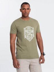 T-shirt męski z nadrukiem w stylu motocyklowym – oliwkowy V2 OM-TSPT-0125 - L. Zielone t-shirty męskie Ombre Clothing, l, bez wzorów, z bawełny, bez kołnierzyka, bez ramiączek. W wyprzedaży za 29.99 zł.