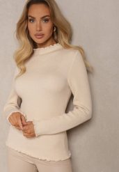 Beżowy Sweter z Wełną przy Dekolcie Ozdobiony Falbanką Seatoria. Brązowe swetry nierozpinane damskie Renee, z aplikacjami, z jeansu, casualowe, bez kołnierzyka, bez ramiączek. Za 79.99 zł.
