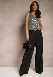Czarne Spodnie High Waist Garniturowe z Szerokim Nogawkami Silzemia. Czarne spodnie materiałowe damskie Renee, bez wzorów, z jeansu, biznesowe, z podwyższonym stanem. Za 109.99 zł.
