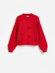 Sweter z kwiatową aplikacją - czerwony. Czerwone swetry nierozpinane damskie Reserved, l, z aplikacjami, z dzianiny, bez kołnierzyka, bez ramiączek. Za 149.99 zł.