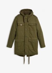 Zimowa parka z podszewką z kożuszka. Zielone parki męskie bonprix, na zimę, m, bez wzorów, sportowe, bez kołnierzyka, bez kaptura. Za 379.99 zł.