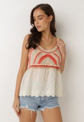 Beżowo-Pomarańczowy Top Rhaedone. Brązowe topy damskie Born2be, w ażurowe wzory, z bawełny, boho, bez kołnierzyka, bez ramiączek. Za 74.99 zł.