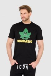 DSQUARED2 Czarny t-shirt z logo i zielonym liściem. Czarne t-shirty męskie Dsquared2, l, bez wzorów, bez kołnierzyka, bez ramiączek. W wyprzedaży za 699.99 zł.