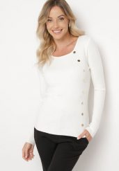 Biały Sweter Ozdobiony Metalowymi Napami Corettina. Białe swetry nierozpinane damskie Born2be, m, z aplikacjami, z jeansu, wizytowe, bez kołnierzyka, bez ramiączek. Za 89.99 zł.