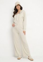 Beżowy Komplet Dresowy Bluza z Kapturem Rozpinana i Szerokie Spodnie Avesmira. Brązowe bluzy damskie Born2be, m, bez wzorów, z dresówki, bez ramiączek, z kapturem. Za 84.99 zł.