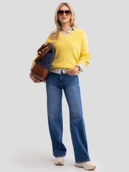 Sweter damski z wiskozy z dekoltem v-neck żółty Cyntiana 200. Żółte swetry nierozpinane damskie BIG STAR, l, bez wzorów, z wiskozy, eleganckie, bez kołnierzyka, bez ramiączek. W wyprzedaży za 99.99 zł.