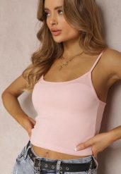 Jasnoróżowy Top Rhodamene. Czerwone topy damskie Renee, l, bez wzorów, z bawełny, bez kołnierzyka, bez ramiączek. Za 14.99 zł.