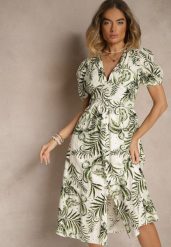 Zielona Sukienka o Rozkloszowanym Kroju z Dekoltem w Serek w Roślinny Print Evilessa. Zielone sukienki damskie Renee, na co dzień, l, bez wzorów, eleganckie, bez kołnierzyka, bez ramiączek, midi, rozkloszowane. Za 99.99 zł.