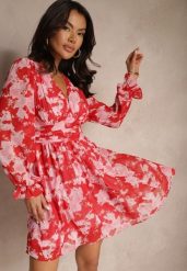 Czerwona Rozkloszowana Sukienka w Print Florystyczny Awerdia. Czerwone sukienki damskie Renee, na co dzień, na lato, l, bez wzorów, bez kołnierzyka, bez ramiączek, mini, rozkloszowane. Za 139.99 zł.