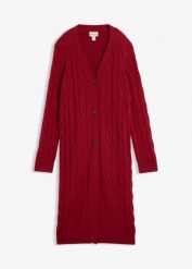 Długi sweter rozpinany z wełną. Brązowe kardigany damskie bonprix, bez wzorów, z wełny, bez kołnierzyka. Za 299.99 zł.
