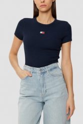TOMMY JEANS Granatowy t-shirt damski. Niebieskie t-shirty damskie Tommy Jeans, s, bez wzorów, z jeansu, bez kołnierzyka, bez ramiączek. W wyprzedaży za 143.99 zł.