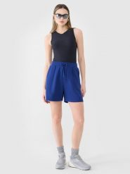 4F Spodenki dresowe damskie - granatowe S. Niebieskie szorty damskie 4F, bez wzorów, z bawełny, sportowe. W wyprzedaży za 59.99 zł.