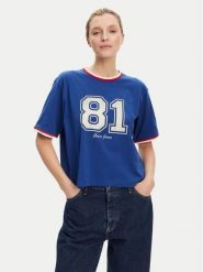 Guess Jeans T-Shirt W5YI19 K8HM0 Niebieski Regular Fit. Niebieskie t-shirty damskie Guess Jeans, xxl, z aplikacjami, z bawełny, bez kołnierzyka, bez ramiączek. Za 129.99 zł.