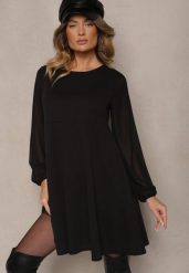 Czarna Rozkloszowana Sukienka z Bufiastymi Rękawami z Siateczki Edanithe. Czarne sukienki damskie Renee, na co dzień, l, bez wzorów, eleganckie, bez kołnierzyka, bez ramiączek, mini, kopertowe. Za 74.99 zł.