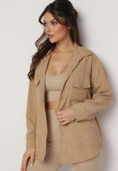 Beżowa Koszula Sztruksowa z Kieszeniami Gwenera. Brązowe koszule damskie Born2be, l, bez wzorów, ze sztruksu, eleganckie, bez kołnierzyka, bez ramiączek. Za 59.99 zł.