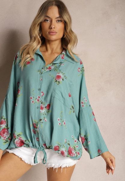 Niebieska Wiskozowa Koszula Ściągana na Dole o Kwiatowym Wzorze Tinovis. Niebieskie koszule damskie Renee, bez wzorów, z materiału, bez kołnierzyka, bez ramiączek. Za 129.99 zł.