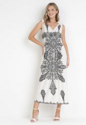 Biała Sukienka w Stylu Boho z Gumką w Talii i Sznurkami przy Ramionach Niree. Białe sukienki damskie Born2be, na imprezę, l, bez wzorów, boho, bez kołnierzyka, bez ramiączek, maxi. Za 64.99 zł.