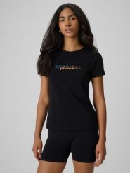 4F T-shirt slim z nadrukiem damski - czarny XXL. Czarne t-shirty damskie 4F, l, bez wzorów, z bawełny, bez kołnierzyka, bez ramiączek. Za 59.99 zł.