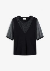 Sweter z cienkiej dzianiny z siateczkową wstawką. Czarne swetry nierozpinane damskie bonprix, bez wzorów, z dzianiny, eleganckie, bez kołnierzyka, bez ramiączek. Za 114.99 zł.