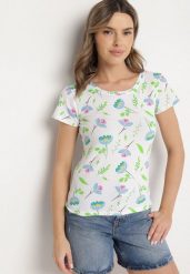Biało-Zielony Bawełniany T-shirt Ozdobiony Nadrukiem Zarice. Białe t-shirty damskie Born2be, l, bez wzorów, z bawełny, klasyczne, bez kołnierzyka, bez ramiączek. Za 29.99 zł.