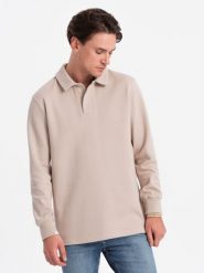 Bluza męska z kołnierzykiem polo ze strukturalnej dzianiny - beżowa V2 OM-SSNZ-0149 - XXL. Brązowe bluzy męskie Ombre Clothing, l, bez wzorów, z bawełny, bez ramiączek, bez kaptura. W wyprzedaży za 59.99 zł.