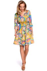 Wzorzysta Rozkloszowana Sukienka z Guzikami - Model 2. Sukienki damskie MOE, l, bez wzorów, z elastanu, wizytowe, bez kołnierzyka, bez ramiączek, rozkloszowane. Za 309.90 zł.
