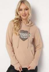 Beżowa Bluza Kangurka z Kapturem z Polarem i Nadrukiem z Sercem Sinha. Brązowe bluzy damskie Born2be, l, bez wzorów, z polaru, casualowe, bez ramiączek, z kapturem. Za 84.99 zł.
