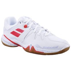 Buty do badmintona i sportów halowych damskie Babolat Shadow Spirit białe. Białe obuwie sportowe damskie BABOLAT, bez wzorów, z kauczuku, bez zapięcia, na fitness i siłownię. Za 409.99 zł.