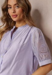 Fioletowa Koszula z Haftowanymi Rękawami Blam. Fioletowe koszule damskie Renee, l, bez wzorów, z jedwabiu, eleganckie, bez kołnierzyka, bez ramiączek. Za 84.99 zł.