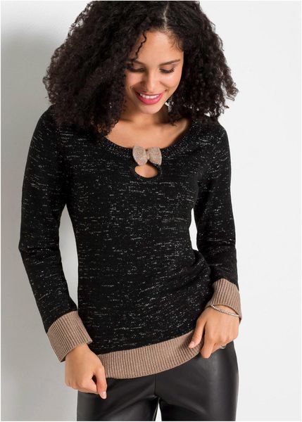 Sweter z kokardą. Czarne swetry nierozpinane damskie bonprix, bez wzorów, z dzianiny, eleganckie, bez kołnierzyka, bez ramiączek. Za 87.99 zł.