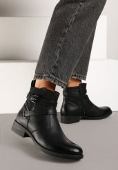 Czarne Botki Sztyblety Zdobione Paskami z Klamerkami Delrith. Czarne botki damskie Born2be, z aplikacjami, z jeansu, eleganckie, bez obcasa, na obcasie, bez zapięcia. Za 59.99 zł.