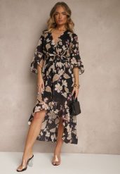 Czarna Asymetryczna Sukienka z Bawełny z Kopertowym Dekoltem i Wiązanym Paskiem Nitilira. Czarne sukienki damskie Renee, na spotkanie biznesowe, bez wzorów, z bawełny, eleganckie, z asymetrycznym kołnierzem, bez ramiączek, midi, asymetryczne. Za 109.99 zł.